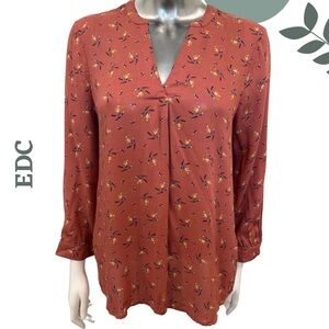 🛍️3/$40 EDC Rust Orange Floral Print Blouse Lightweight Patterned Blouse Medium